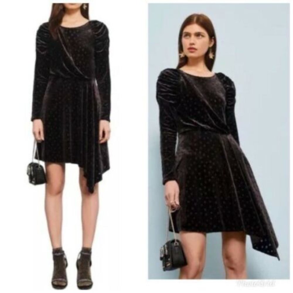 TOPSHOP ASYMMETRICAL POLKA DOT BLACK VELVET BURNOUT PUFF LONG SLEEVE MINI DRESS